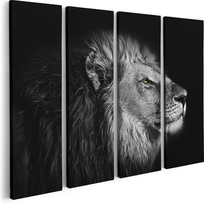 Artaza Canvas Schilderij Vierluik Leeuw - Leeuwenkop - Zwart Wit - 80x60 - Foto Op Canvas - Canvas Print