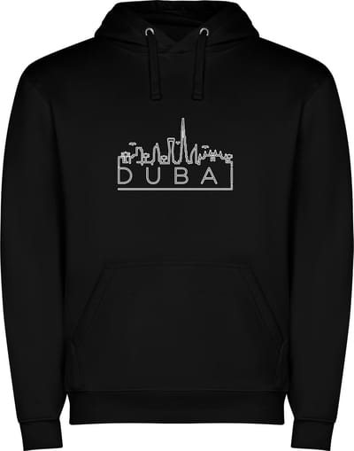 Zwarte unisex hoodie met “ Sky Line Dubai – Vakantiegevoel – Strak – Modern “ Print Full Color Color merk Roly maat S