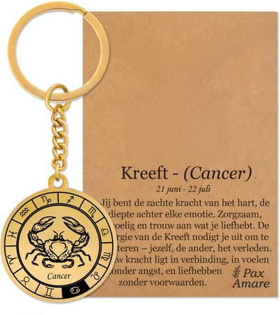 Sterrenbeeld Kreeft (Cancer) Sleutelhanger op Cadeau Kaartje – Spiritueel Cadeau van Roestvrij Staal – Goudkleurig – Pax Amare