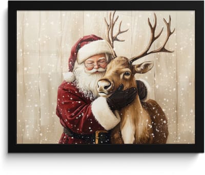 Poster in lijst - Fotolijst 40x30 cm - Posters - Kerstman - Rendier - Sneeuw - Kleurrijk - Posterlijst zwart - Decoratie - Wanddecoratie woonkamer - Muurdecoratie slaapkamer - Kerstversiering - Kerstdecoratie voor binnen - Kerstmis