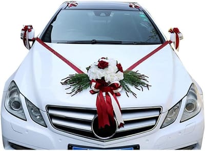 Bruiloftsauto Versiering - Bloemen Decoratie Set - Auto Aankleden - Zijde Stof Kwaliteit - Diverse Stukken - Goud Wijnrood Donkergroen