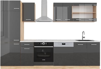 Vicco R-Line Complete keukeneenheid – 300 cm, WB Marmer Antraciet hoogglans/goud eiken