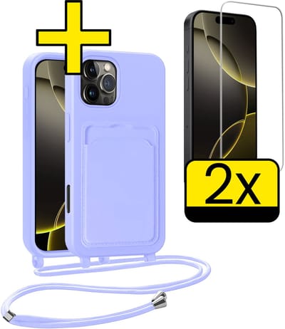 Hoesje Geschikt voor iPhone 16 Pro Telefoonhoesje Met Koord Case Pashouder Met 2x Screenprotector Siliconen - Hoes Geschikt voor iPhone 16 Pro Hoesje Met Kaarthouder - Lila