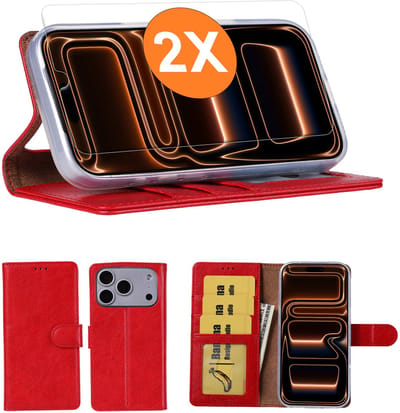 Hoesje geschikt voor iPhone 17 Pro Max hoesje Rood pasjeshouder telefoon hoes - Met screenprotector tempered glass voor iPhone 17 Pro Max - 2x