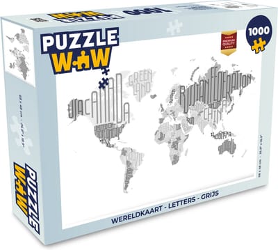Puzzel Wereldkaart - Letters - Grijs - Legpuzzel - Puzzel 1000 stukjes volwassenen