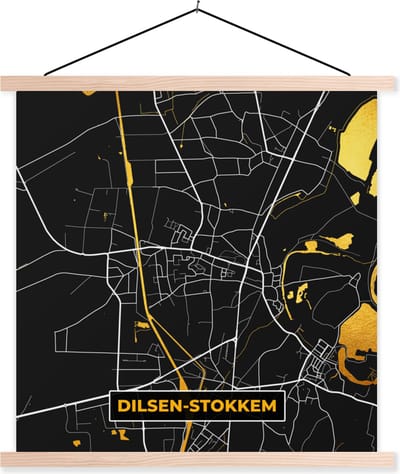 Posterhanger incl. Poster 40x40 cm - Schoolplaat - Stadskaart - Dilsen-Stokkem - Goud - Kaart - Plattegrond - Textielposter - Blanke latten - Stadskaart