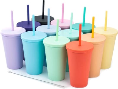 Bekers met Deksel - Plastic Tumblers - Dranken Koel Houden - Dubbelwandige Isolatie - 12 Stuks 16 oz - Assorti