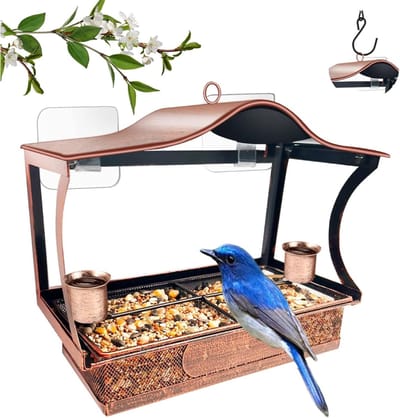 Aurixi® Raamvoederhuisje - Raamvoederhuisje Voor Vogels – Raamvoederbakje – Vogelvoederhuisje – Vogelhuisje Transparant – Vogelhuisjes -Bruin- 28cm x 14cm x 18 cm