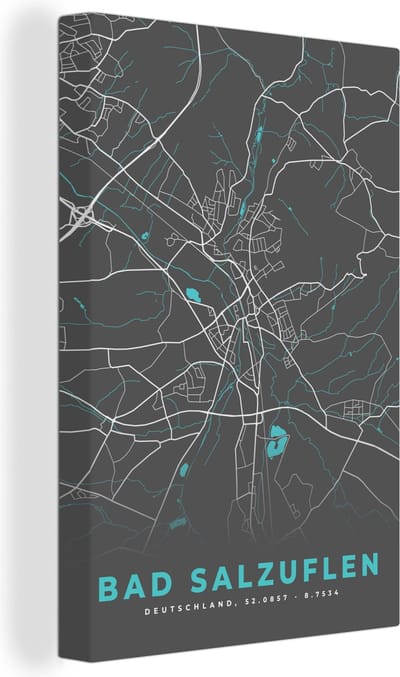 Canvas Schilderij Kaart – Plattegrond – Stadskaart – Bad Salzuflen – Duitsland – Blauw - 20x30 cm - Wanddecoratie