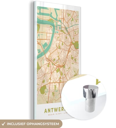 MuchoWow® Glasschilderij 60x120 cm - Schilderij acrylglas - Antwerpen - Kaart - Stadskaart - Antwerpen - Plattegrond - Foto op glas - Schilderijen