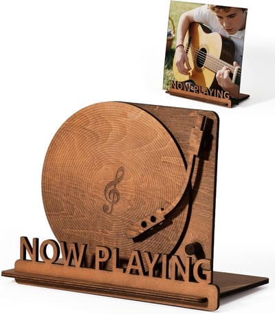 Vinyl Platenhouder - LP Standaard - Now Playing Vinyl Display - Albumhouder - Vinylplaten Opslag - Spiraalgroef Textuur - LP Vinyl Houder - Rustiek Woonaccessoire - Vinyl Liefhebbers Cadeau - Platenstandaard - LP Accessoires - Zwart