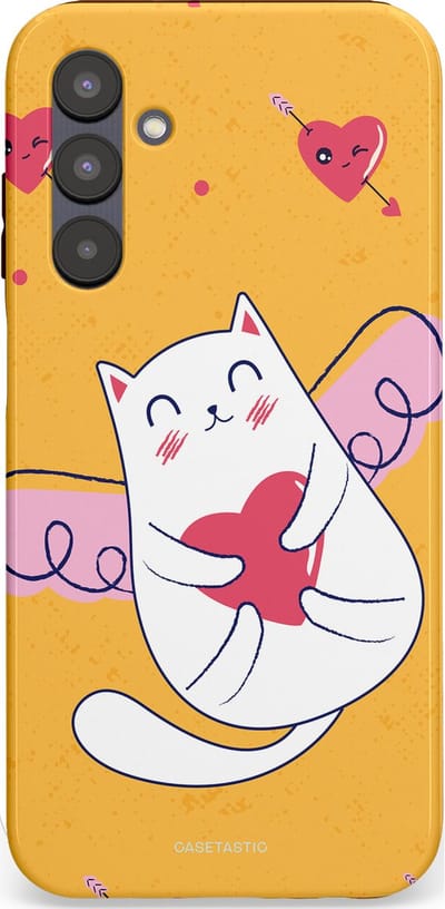 Casetastic Hoesje Geschikt voor Samsung A25 - Stijlvolle Beschermende Duo-layer Case - Kattenflirt Geel Rode Hartjes Liefde