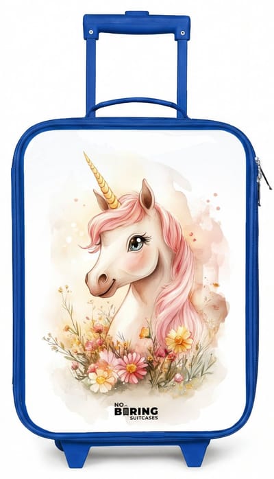 NoBoringSuitcases.com® - Kinderkoffer blauw - Kindertrolley jongen - Eenhoorn met roze manen tussen pastelbloemen - Koffer kind lichtgewicht - Reiskoffer trolley voor kinderen - Koffertje met lichtgevende wieltjes - Rolkoffer