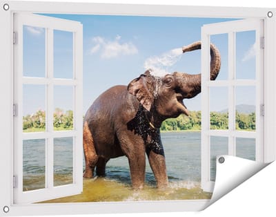 Gards Tuinposter Doorkijk Vrolijke Olifant in het Water - 90x60 cm - Tuindoek - Tuindecoratie - Wanddecoratie buiten - Tuinschilderij