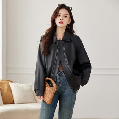Veste en cuir pour femmes printemps et automne moto noir et blanc veste en cuir PU avec revers décontracté 2XL
