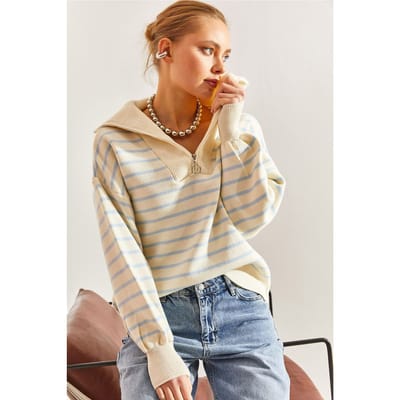Gestreepte Boxy Crop Trui met Ritskraag
