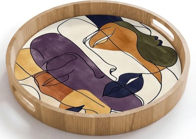 Dienblad rond 40x40 cm - Schootdienblad hout - Abstract - Overlappende gezichten - Paars - Donkergroen - Borrelplank rechthoek - Plateau houten dienbladen