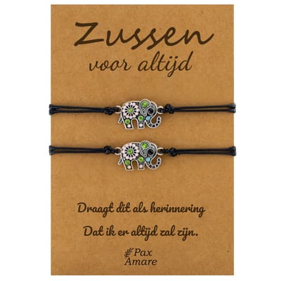 Vriendschapsarmbandjes voor 2 "Zussen voor altijd" - Olifant - BFF Armbandjes met Cadeau Kaartje - Zwart & Zilverkleurig - Elastisch Verstelbaar - Pax Amare