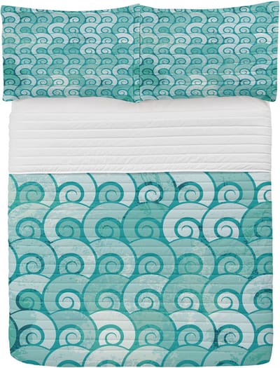 ABAKUHAUS Ocean Microfiber Bedspreiset, Draaiende Spiraalvormige Zeegolven, Zacht Beddengoed Set met kussenslopen en quilt, 264 cm x 220 cm, Water
