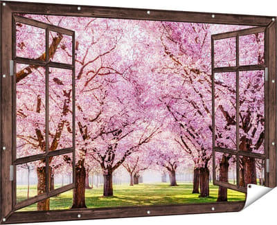 Gards Tuinposter Doorkijk Roze Bloesembomen Park - Bloemen - 180x120 cm - Tuindoek - Tuindecoratie - Wanddecoratie buiten - Tuinschilderij