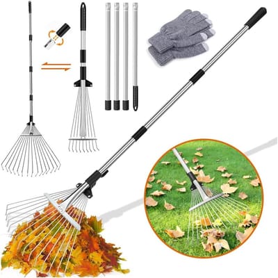 Verstelbare Bladhark met 2,15 m Metaalstang en Tuinhandschoenen voor Efficiënt Bladeren Verzamelen en Tuinonderhoud