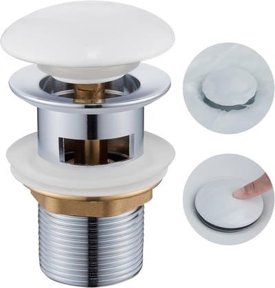 Gootsteenafvoer met overloop, pop-up afvoer met keramische afdekking, G1 1/4" universele gootsteenafvoer voor badkamer en toilet, wit