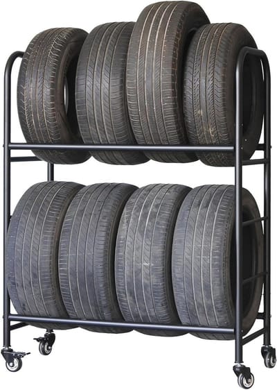 Bandenopslagrek - Bandenstandaard Rollend - Banden Organiseren - Met Wielen en Remmen - 112x51x143cm - Zwart