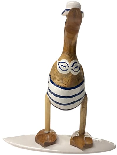 Handgemaakte Houten Eend “Surf Girl” – Surfgirl met Bikini & Surfplank uit Indonesië (H27 × B11 cm)