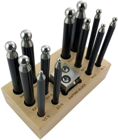 Juweliers Gereedschap Set: 13 Dapping Punches en Doming Blok 25mm met Houten Opslag