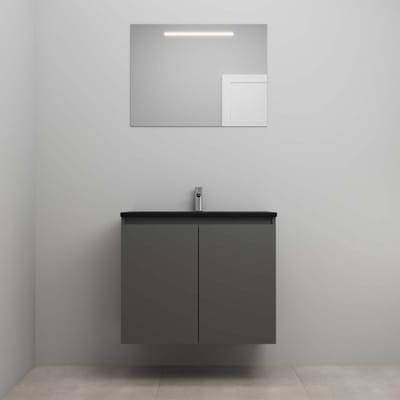 On-Line Badkamermeubelset - 80 cm - Bouwpakket - Greeploze Ladestructuur - Acryl Wastafel - 1 Kraangat - Spiegel met LED-Verlichting - Mat Antraciet