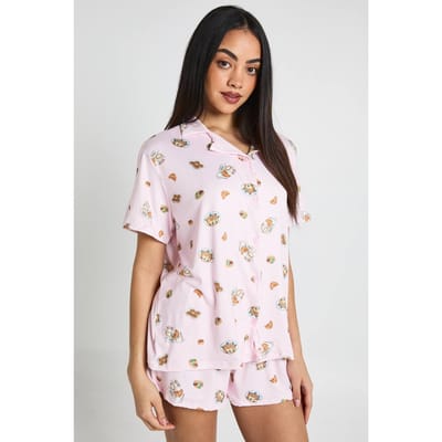 boohoo Dames Ontbijt Print Korte Mouw Shirt & Shorts Pyjama Set | Baby Roze | Maat: 42