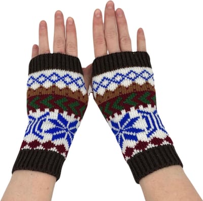 Vingerloze Handschoenen Dames - Noors Winter Patroon - Korte Polswarmers - Bruin/Wit/Blauw