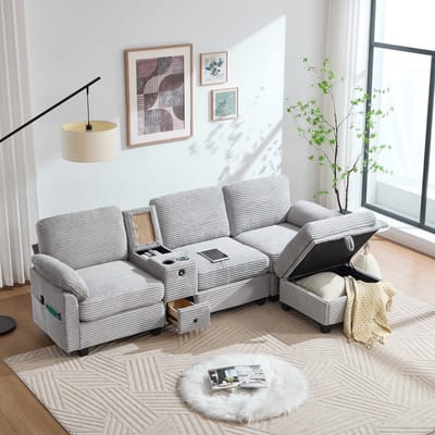 Corduroy Bank met Comfortabel Schuim, Kenmerken: Verwijderbare Middenconsole (2 Bekerhouders + Opbergruimte), USB-C-poort, Zijvak, Opberglade, Verplaatsbare Opbergpoef, Voor Comfort en Functionaliteit,Lichtgrijs