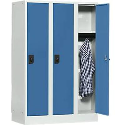 Schoollocker, compartimentbreedte 300 mm, veiligheidscilinderslot, 3 compartimenten, lichtgrijs/briljantblauw