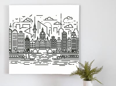 Line art amsterdam schilderij | Amsterdamse lijnen dansen in kunstwerk van creatieve verbeelding | Kunst - 80x80 centimeter op Dibond | Foto op Dibond