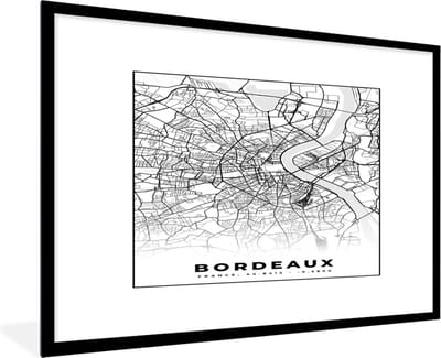Fotolijst incl. Poster Zwart Wit- Kaart - Stadskaart - Frankrijk - Bordeaux - Plattegrond - Zwart wit - 120x80 cm - Posterlijst