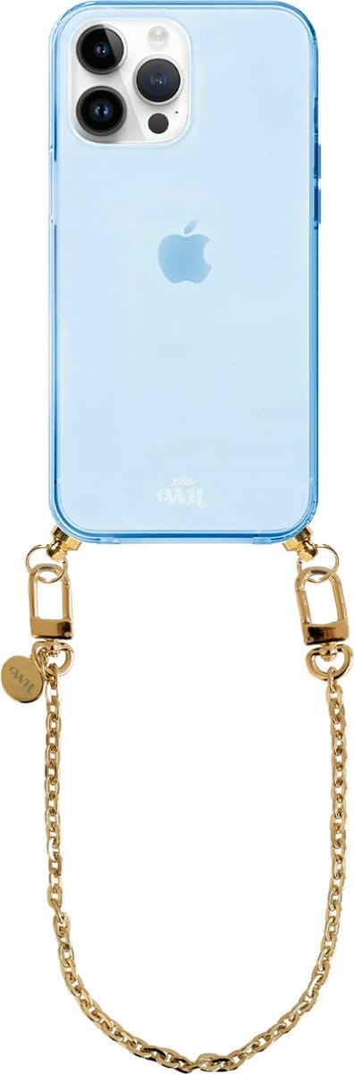 xoxo Wildhearts silicone case met koord - Blauw telefoonhoesje met koord - telefoonketting - Dreamy - short - Cord Case - geschikt voor Apple iPhone 12 Pro - Korte gouden ketting