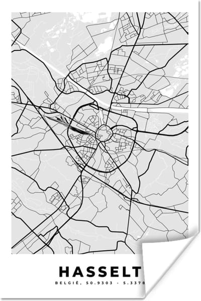 Poster Plattegrond – Hasselt – Zwart Wit – Stadskaart - Kaart - 120x180 cm XXL