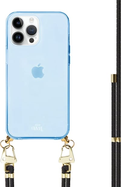 xoxo Wildhearts silicone case met koord - Blauw telefoonhoesje met koord - telefoonketting - Black & Gold - Cord Case - geschikt voor Apple iPhone 12 Pro - Zwart koord