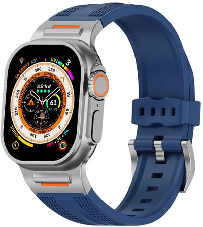 Stravo Robuust Mechanisch Siliconen Sportbandje met Geweven Patroon – Geschikt voor Apple Watch 46mm (Series 11/10), 45mm (Series 7/8/9), 44mm (Series 4/5/6, SE 1/2/3), 49mm (Ultra 1/2/3) – Sportief Siliconen Horlogebandje – Donkerblauw