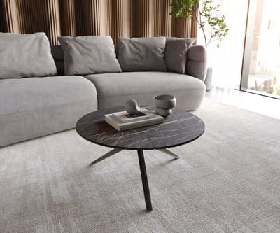 Salontafel Delron Keramiek Laminam®Noir Desir Bruin 70x70 cm Kruisvoet vlak metaaleffect Titanium