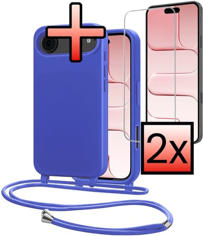 Hoes Geschikt voor iPhone Air Met Telefoonkoord Met 2x Screenprotector - Siliconen Hoesje Backcover Met Ketting - Felblauw