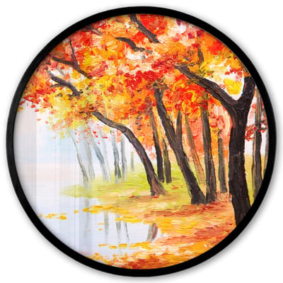 Poster in lijst Rond - Fotolijst 40x40 cm - Posters - Schilderij - Herfst - Bomen - Water - Olieverf - Ronde posterlijst zwart - Decoratie - Wanddecoratie woonkamer - Muurdecoratie slaapkamer