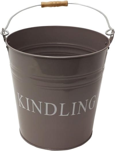 Metaal Kindling Emmer met Handvat voor Haard - Staal/Hout, Grijs, 21 x 21 x 27 cm