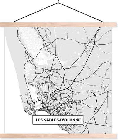 Posterhanger incl. Poster 40x40 cm - Schoolplaat - Frankrijk – Les Sables-d'Olonne – Stadskaart – Plattegrond – Kaart - Textielposter - Blanke latten - Stadskaart