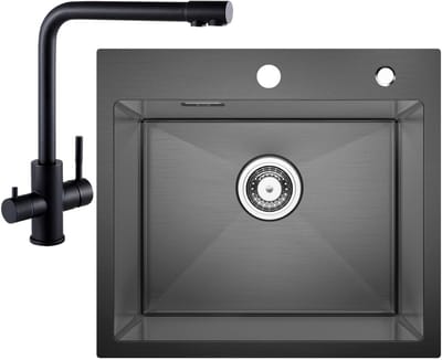 CECIPA max Spoelbak voor keuken 50x45CM - Spoelbak Keuken Met 3 Wege Keukenkraan - Spoelbakken met sifon en overloopset - Enkele spoelbakken Antraciet