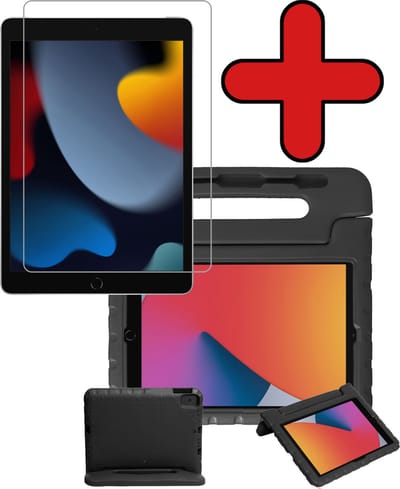 Hoesje - Geschikt voor Apple iPad 8 (2020) - 10.2 inch - 8e Generatie - Met Screenprotector - Kinderhoes - Shockproof Bumper - Kidsproof Case - Tablethoes - Kinder Hoes Cover - Zwart