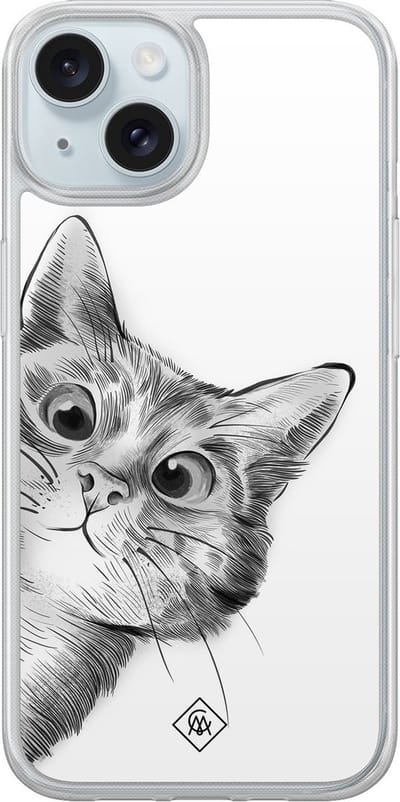 Casimoda® hoesje - Geschikt voor iPhone 13 - Kat Kiekeboe - 2-in-1 case - Schokbestendig - Illustratie - Verhoogde randen - Grijs, Transparant