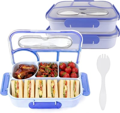 VHV - Lunchbox - Bento box - Lunchbox met vakjes - Set van 2 - Met 4 vakken - Lekvrij - Vaatwasserbestendig - Inclusief lepel - Voor werk en school - 23*17*5cm - Blauw