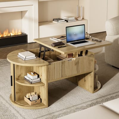 MODENUIT Salontafel - Verstelbaar Blad Met Schuifdeuren - Voor Woonkamer En Thuiswerkplek - MDF Eik - 100x50x40,5 Cm